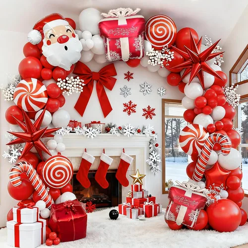 Vista 2 de Kit de guirnalda de globos de Navidad en forma de arco con globos rojos y blancos, caramelo, bastón, estrella, estrella de explosión, caja
