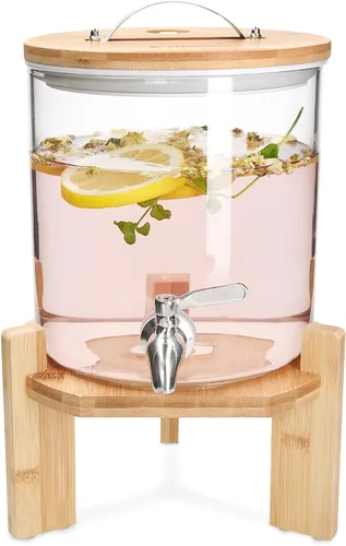 Vista 7 de Navaris - Dispensador de bebidas con soporte - 1.3 galones (5L) Dispensador de bebidas de vidrio con válvula, tapa, soporte de madera para bebidas