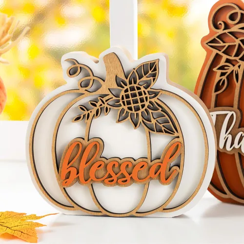 Vista 6 de Glitzhome Juego de 2 decoraciones de calabaza de madera de Acción de Gracias (6 pulgadas y 8 pulgadas de alto) – Decoración de mesa de granja