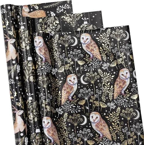 Vista 10 de RUSPEPA Juego de papel de regalo de Navidad negro y dorado, mini rollo, papel de regalo navideño con lámina dorada con árbol, copo de nieve y diseño