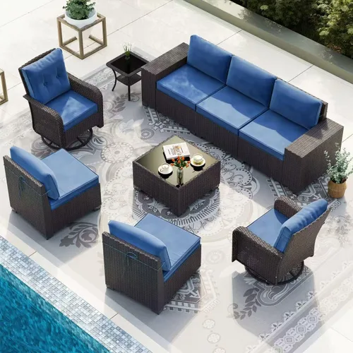 Vista 19 de Gotland Juego de muebles de patio de 6 piezas con 1 mesa auxiliar, 5 plazas de ratán seccional para exteriores con reposabrazos anchos de 29.5 Gris