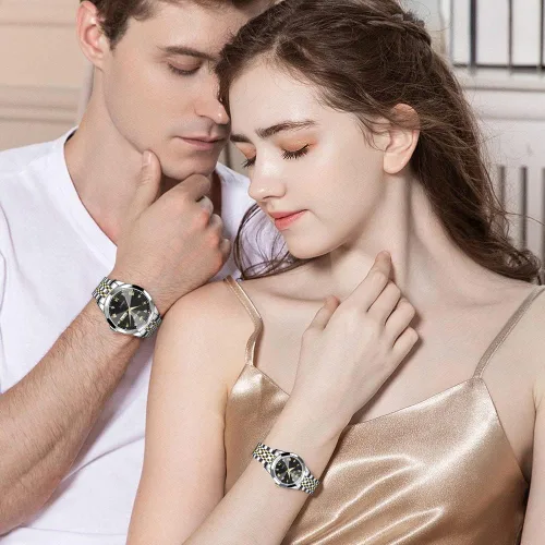 Vista 15 de OLEVS Reloj para parejas para él y ella, reloj analógico de cuarzo para hombres y mujeres, de acero inoxidable, impermeable, luminoso, fecha, reloj