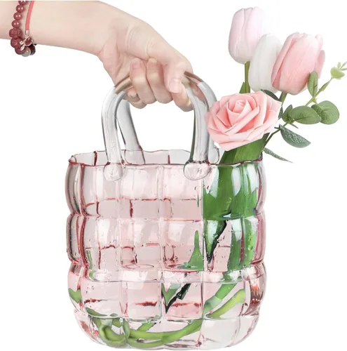 Vista 5 de Jarrón de cristal rosa - Diseño elegante para decoración del hogar, ideal para exhibir flores y artículos decorativos, adornos y plantas
