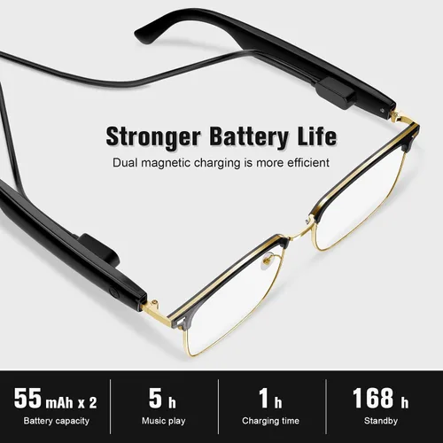 Vista 7 de Gafas inteligentes, gafas con filtro de luz azul, gafas de sol Bluetooth, lente fotocrómica, micrófono y altavoz integrados (GS13-dorado+marco negro)