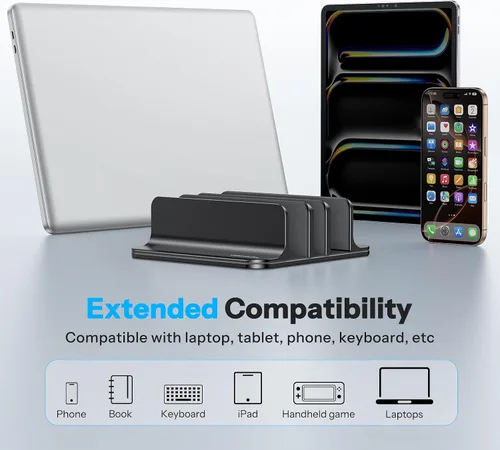 Vista 6 de Omoton Soporte vertical para laptop de 3 ranuras, soporte de escritorio de aluminio para MacBook con base ajustable, se adapta a todas las MacBook