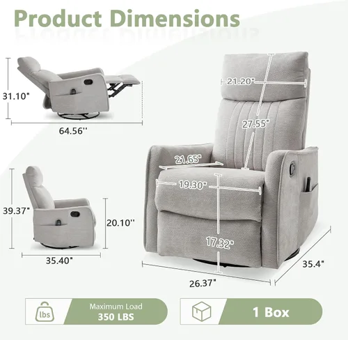 Vista 2 de cinkehome Silla mecedora reclinable giratoria pequeña para cuarto de bebé