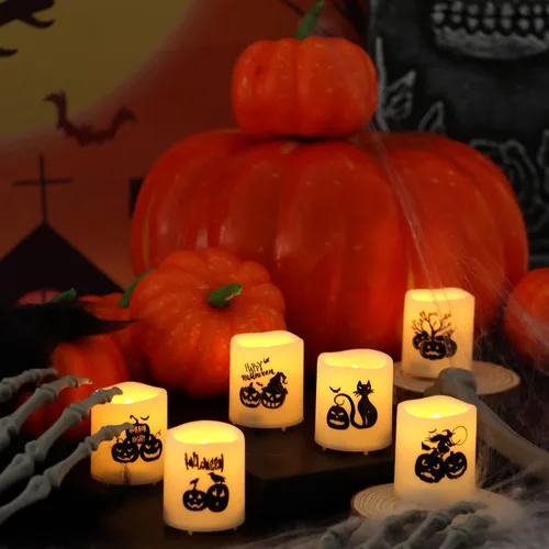 Vista 4 de Velas votivas sin llama con temporizador, luces LED con temporizador automático de ciclo diario integrado, calcomanías de calabaza para decoraciones