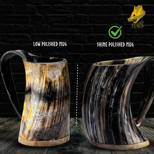 Vista 5 de FENRIR Taza de cuerno vikingo de 16 onzas con vaso de chupito, regalos vikingos para hombres y mujeres, abridor de botellas, jarra de cuerno de buey