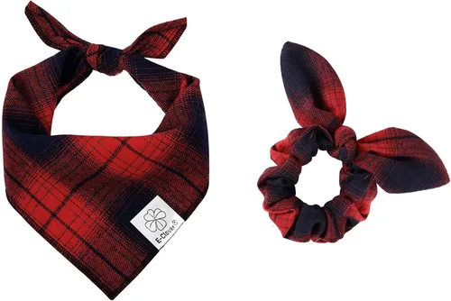 Vista 13 de E-Clover Bandana de Perro a Cuadros Marrón y Scrunchie a Juego - Bandana de Perro de Otoño Triangular a Cuadros Bufanda Babero para Mascotas