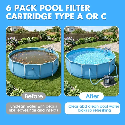 Vista 7 de Cartucho de filtro universal para piscina tipo A/C o III, paquete de 6 reemplazos reutilizables para piscinas sobre el suelo, filtración de alta