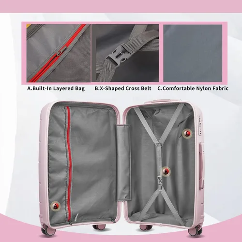 Vista 5 de Joyway maleta de equipaje, Rosado, Equipaje Spinner Ruedas Hardside Equipaje 8pcs Set Ligero Pp Durable Equipaje Con Tsa Lock..