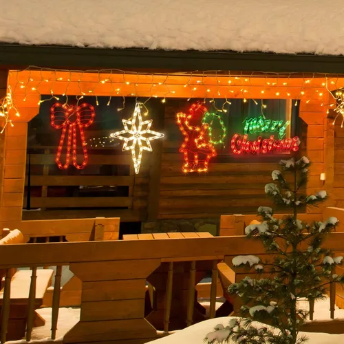 Vista 4 de LAMPHOME Paquete de 4 luces iluminadas con diseño de Feliz Navidad, lazo, Papá Noel, estrella de Belén, decoración de ventana para Navidad, fiesta