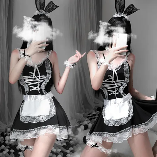 Vista 5 de SNOMYRS Traje de sirvienta de 8 piezas de encaje Lawaii Lolita Francés Sirvienta Delantal Cosplay Lencería Sexy Disfraces para Mujeres Lencería