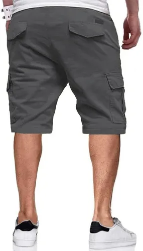Vista 2 de BUXKR Pantalones cortos para hombre con bolsillos con solapa y cordón de ajuste, pantalones cortos de entrenamiento de algodón con múltiples