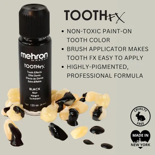 Vista 4 de Mehron Tooth FX pintura para dientes con cepillo, NEGRA para efectos especiales Halloween Películas - 25 onzas
