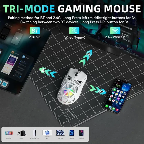 Vista 3 de Aula SC620 - Ratón inalámbrico para juegos, triple modo de 2.4 GHz/USB-C/BT5.3 con 12000 DPI, mouse macro gamer programable con llave de fuego Blanco