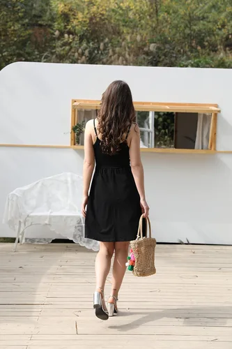 Vista 3 de STYLEWORD - Vestido informal de verano para mujer, diseño acampanado, con vuelo y floral, con cuello en V, tirantes delgados y bolsillos, unicolor