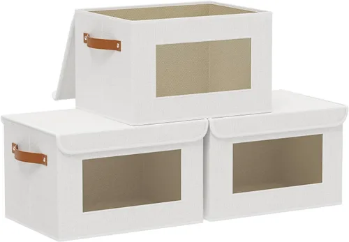 Vista 17 de Cajas de almacenamiento plegables con tapas, organizadores de armario de lino, contenedores de almacenamiento de 10.2 x 7.8 x 6.7 pulgadas para Beige