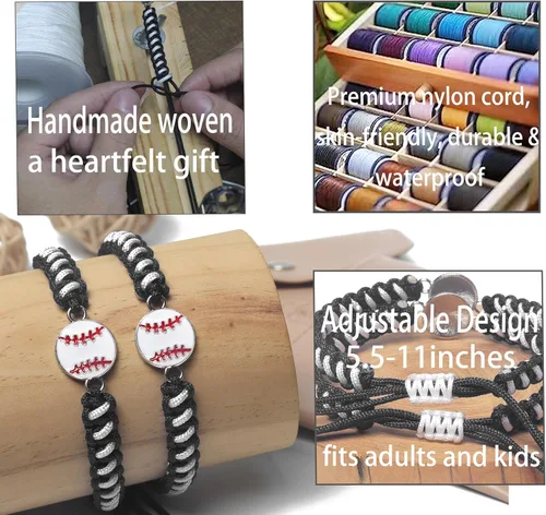 Vista 3 de Pulsera de béisbol 2 piezas para hombres, mujeres y niños Elegante pulsera deportiva trenzada Regalo de espíritu de equipo para niños y niñas