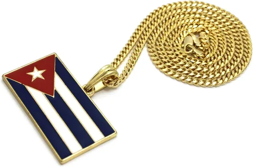 Vista 3 de Collar de cadena de 21 de la bandera de Cuba con colgante de 24 pulgadas color dorado plateado