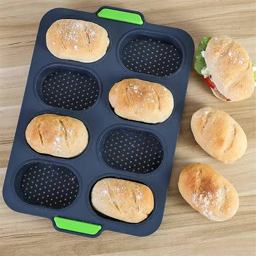 Vista 6 de Molde de silicona para hornear, mini bandeja para hornear baguette, molde para hornear pan francés perforado antiadherente, molde para hornear pan