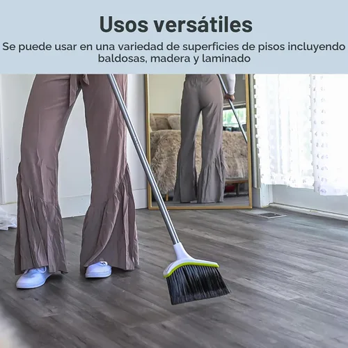 Vista 6 de Casabella Basics - Juego de escoba y recogedor en ángulo de 2 piezas, escoba en ángulo de 44 pulgadas con mango largo y recogedor, plata/verde