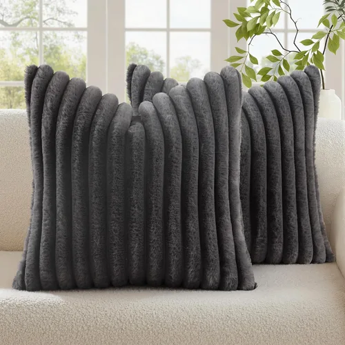 Vista 45 de decorUhome Fundas de almohada de piel sintética, juego de 2, decorativas, afelpadas, suaves, afelpadas, a rayas, parte posterior de terciopelo