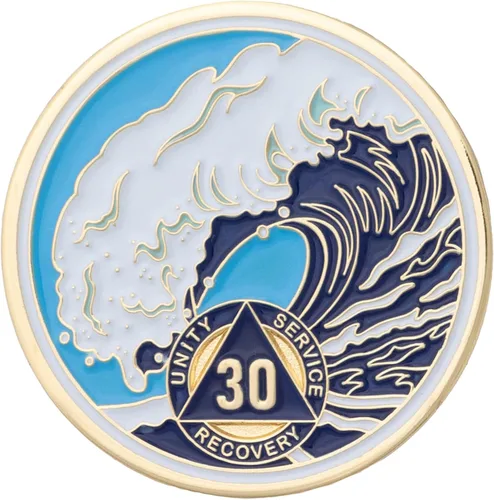 Vista 7 de Moneda AA de 1 año – Medallón de recuperación de ondas estrelladas de Sobriety Mint – azul/blanco/dorado
