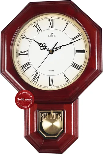 Vista 7 de JUSTIME Reloj de péndulo de madera maciza con carillones de estilo tradicional de escuela, con melodía de Westminster cada hora, fabricado en Taiwán