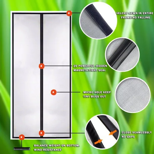 Vista 3 de Puerta mosquitera magnética, estilo moderno, 36'x83", poliéster, malla de fibra de vidrio, fácil instalación, apto para mascotas y niños, pantalla