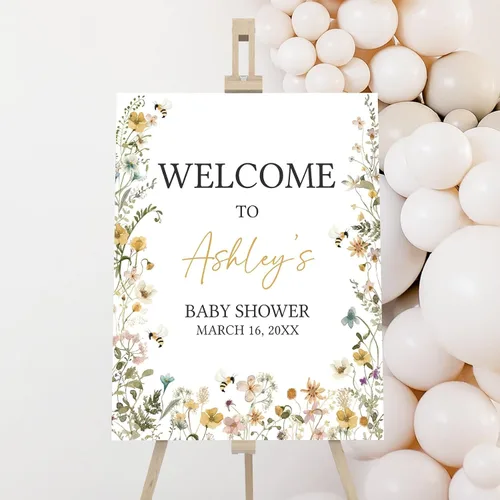 Vista 7 de Letrero de bienvenida personalizado de flores silvestres para baby shower, letrero floral bohemio para baby shower, letrero con nombre personalizado