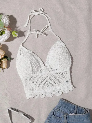 Vista 5 de WDIRARA Traje de baño sin mangas con cuello halter y lazo para mujer