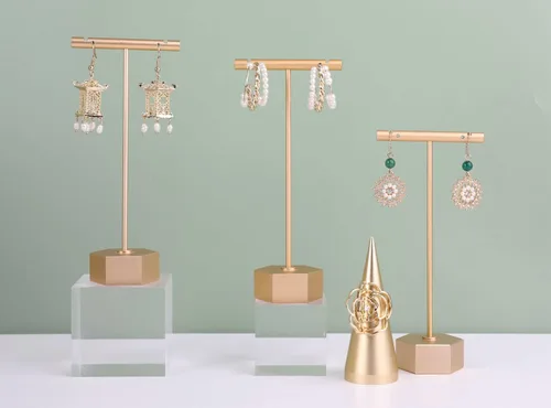 Vista 8 de GemeShou 3 piezas de metal dorado soporte en T para exhibición, organizador de aretes de barra en T, exhibición de fotografía de joyería
