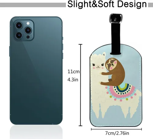 Vista 2 de Linda etiqueta de identificación de equipaje de piel con diseño de llama, diseño de perezoso perezoso de alpaca, con funda de privacidad completa