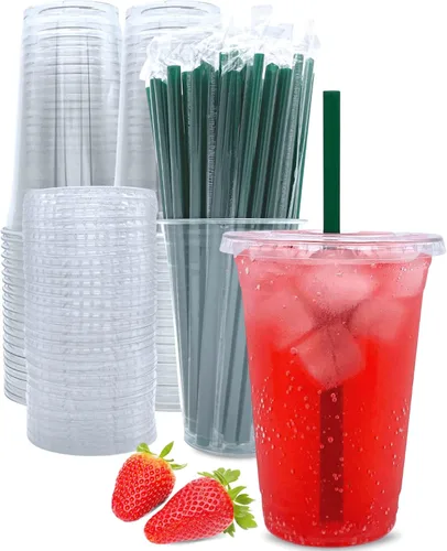 Vista 8 de Vasos de plástico transparente de 12 onzas con tapas y pajitas, tazas de café desechables, 25