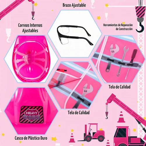 Vista 3 de Handepo Disfraz de trabajador de la construcción con sombrero duro, chaleco de construcción, gafas, conjunto de disfraz para fiesta de cumpleaños