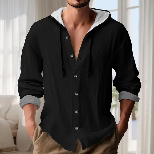 Vista 2 de Sudadera con capucha de manga larga para hombre, color liso, con botones, casual, ajuste holgado, para primavera, otoño, playa, con capucha