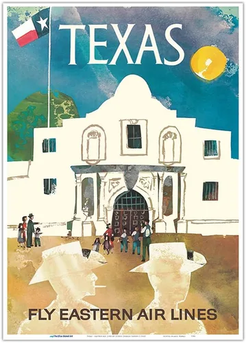 Vista 12 de Texas - Cowboys at The Alamo - Lone Star Flag - Eastern Air Lines - Vintage Travel Poster by Joseph Charles Parker c.1960s - Master Art Print
