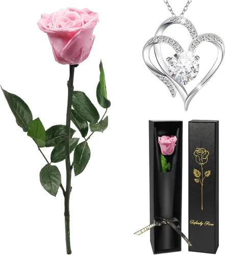 Vista 11 de Yamonic Regalos de rosas de cumpleaños para mujer, rosa real eterna con collar de corazón, regalos para mamá abuela, flores preservadas con tallo