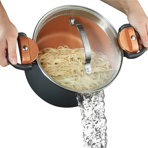 Vista 5 de GOTHAM STEEL Hammered Copper Collection – Sartén antiadherente de 10 pulgadas con tapa, olla multiusos para pasta de 5 cuartos de galón con tapa