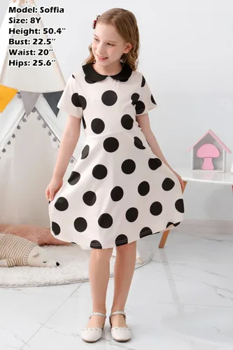 Vista 4 de GORLYA Girls Casual Vintage Peter Pan Collar Dress 4-14Y beige de puntos