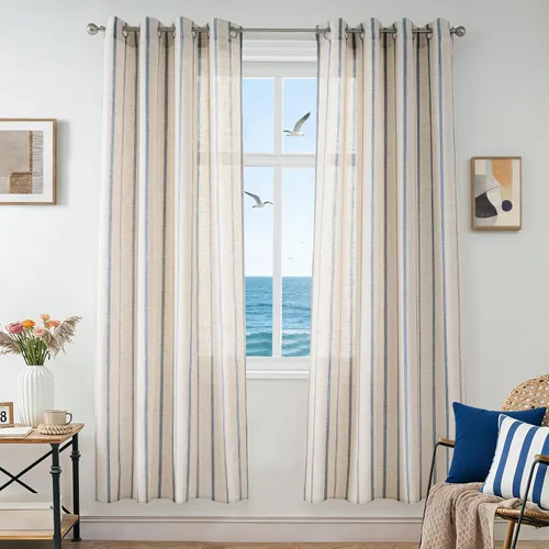 Vista 20 de DriftAway Cortinas de estilo granja con rayas verticales de lino mezclado texturizado con filtro de luz semitransparente para sala de estar