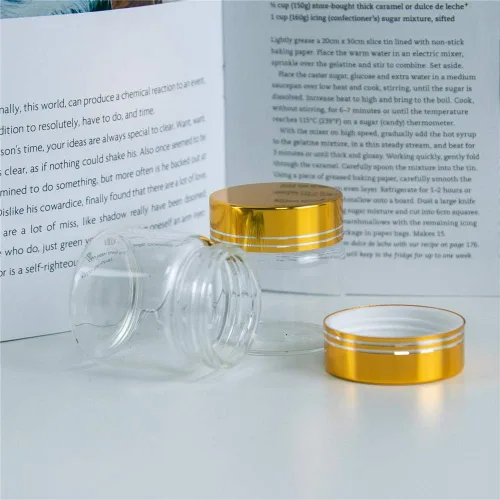 Vista 3 de 6 botellas de vidrio transparente de 1.7 fl oz con tapa de aluminio dorado, adecuadas para recepción de cocina, azafrán, té, almacenamiento