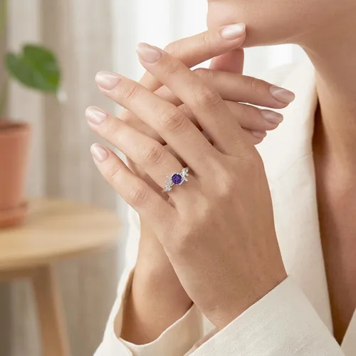 Vista 6 de Luo Anillos de Plata de Ley 925 de 7MM con Forma Redonda y Piedras Preciosas, Anillos de Compromiso con Diseño de Hoja, Anillos de Promesa