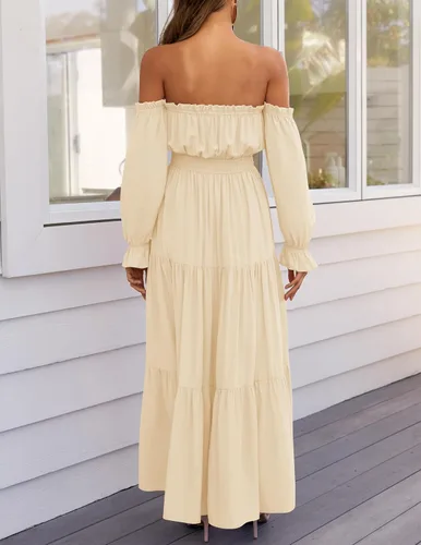 Vista 59 de ZESICA - Vestido largo, bohemio y sexy, con hombros descubiertos y manga larga fruncida, con elástico fruncido, cintura alta y abertura lateral