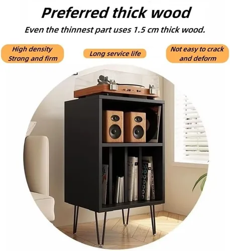 Vista 3 de Soporte para tocadiscos de madera, mesa de tocadiscos de gran capacidad, gabinete de almacenamiento abierto para medios, adecuado para sala