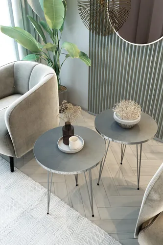 Vista 16 de Juego de 2 mesas auxiliares redondas de madera para sofá para espacios pequeños, mesita de noche con patas de metal para dormitorio, sala de estar