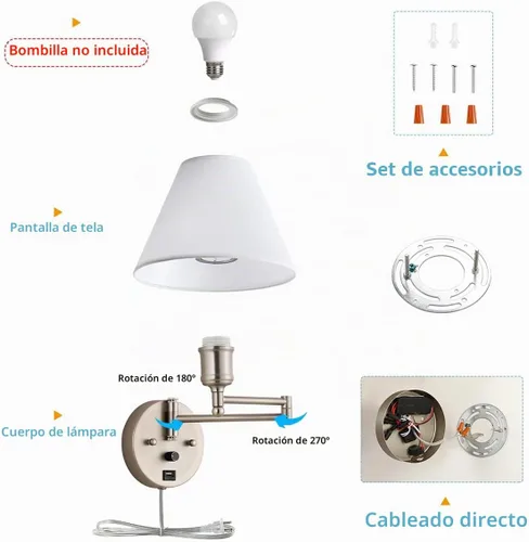 Vista 4 de Apliques de pared con brazo oscilante, lámpara de pared enchufable, lámpara de pared para dormitorio, pantalla de tela blanca, con interruptor Níquel