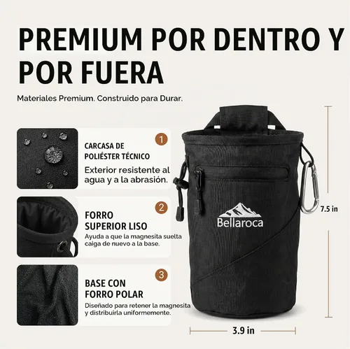 Vista 2 de BELLAROCA® Chalk Bag and Bouldering Brush for Rock Climbing – Waterproof Climbing Set with Ergonomic Design, Adjustable Belt and Carabiner
