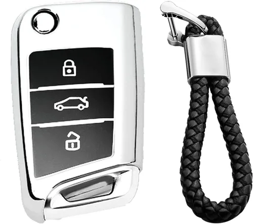 Vista 13 de Hombres Mujeres Cuero Genuino Llavero Funda Para Volkswagen/Para Skoda/Para Audi/Para Asiento Flip Car Remote Key Case Funda Funda Con Kit Llavero